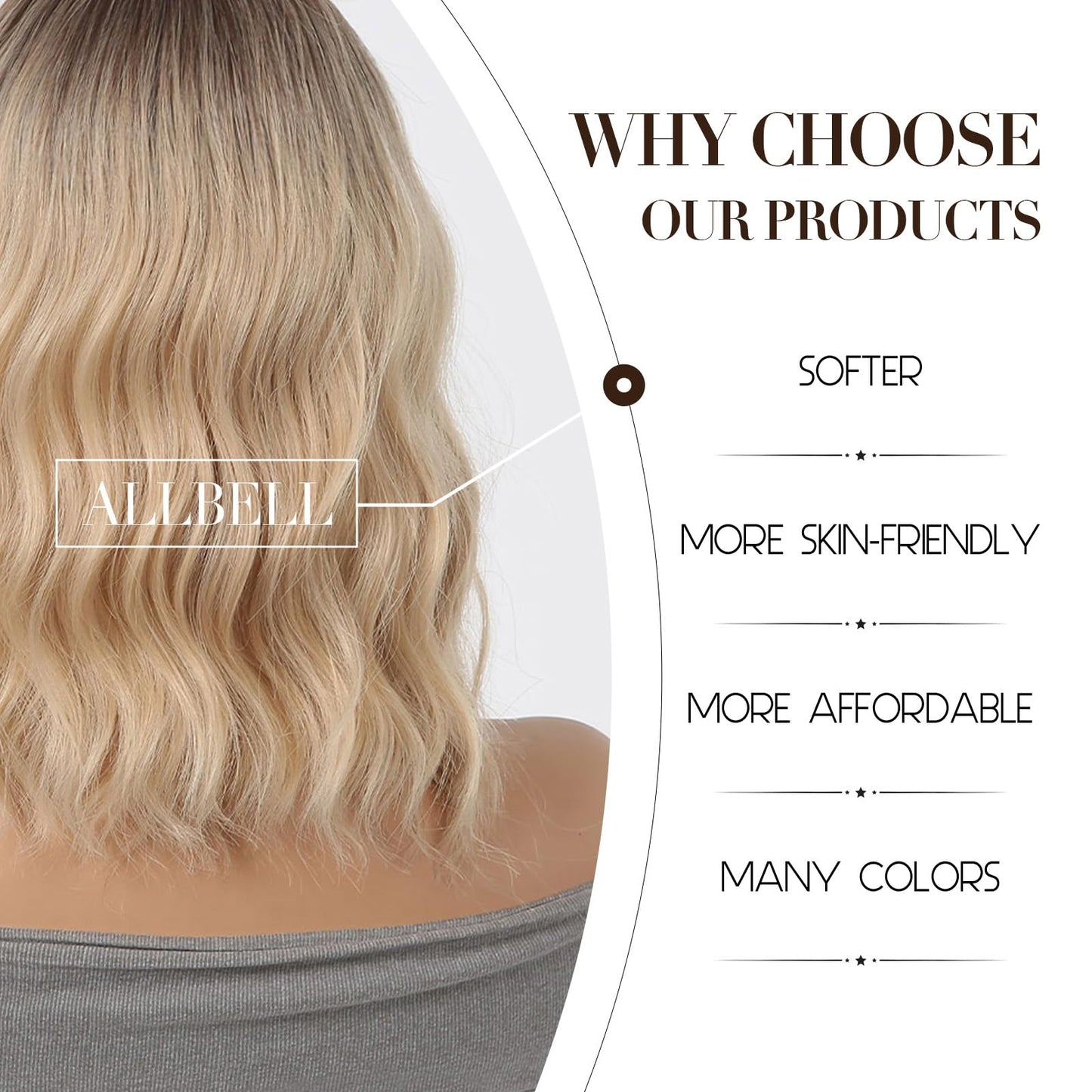 Allbell Blonde Wigs for Women,Short Wavy Bob Wig with Bangs,Synthetic Wigs,Ombre Blonde Wigs,Bob Wig with Dark roots,Heat Resistant Fiber Hair Wigs for Daily Cosplay