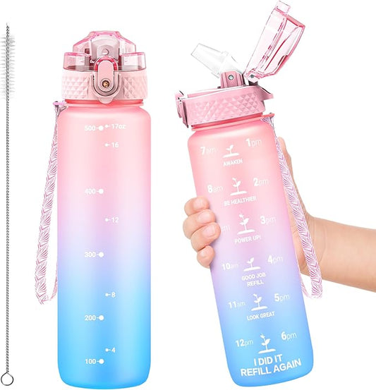 OLDLEY Kids Water Bottle for School, 17 oz (Straw Lid) BPA-Free Reusable Leak-proof Durable Tritan Plastic Water Bottles with One-handed Opening Straw Lids, Anti-dust Spout Cover (Pink-Blue)