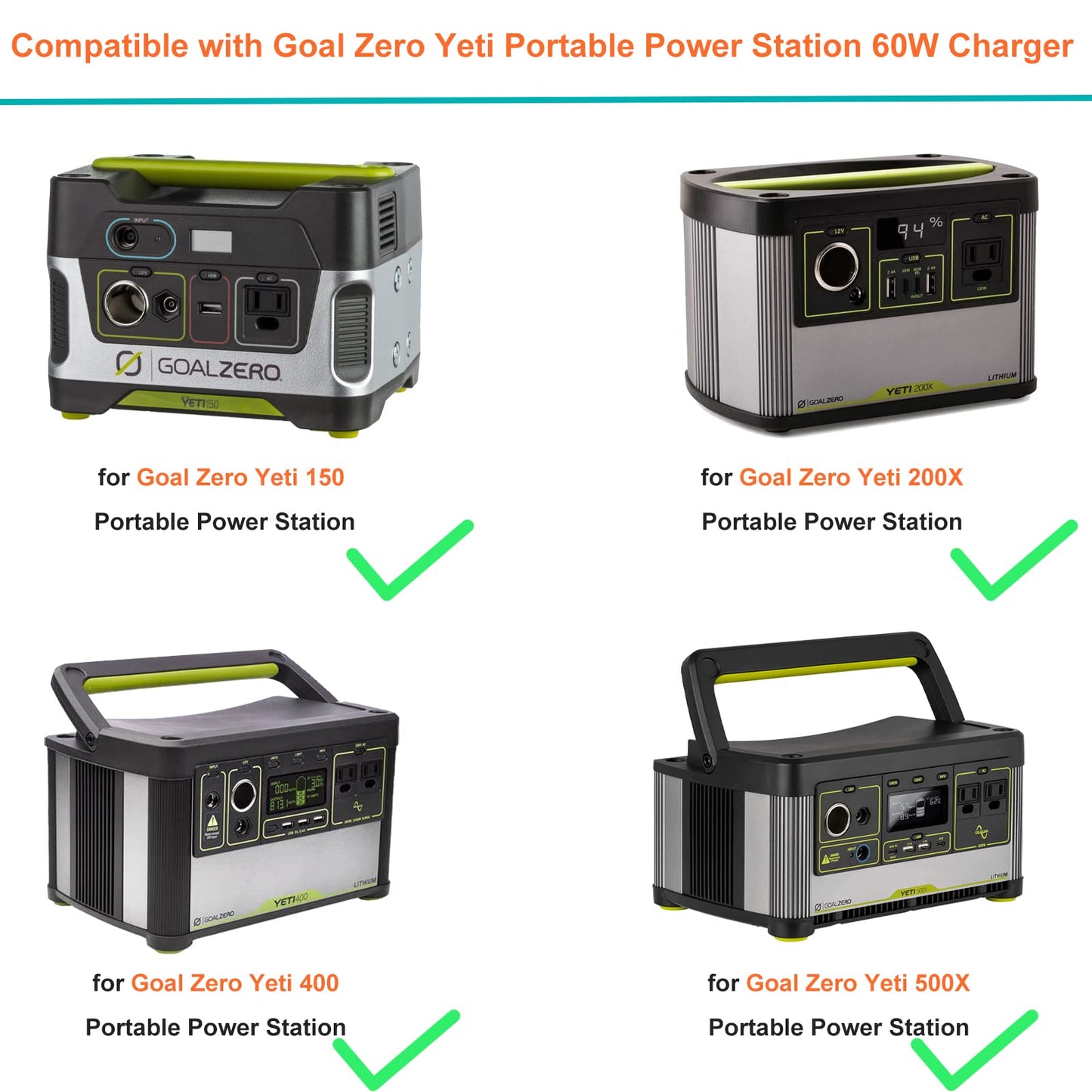 15V 60W Replacement for Goal Zero Yeti Charger AC Adapter for Goal Zero Yeti 150 400 200X 500X Portable Power Station Explorer Solar Generator for FANLIDE Portable Power Station Power Supply Cord