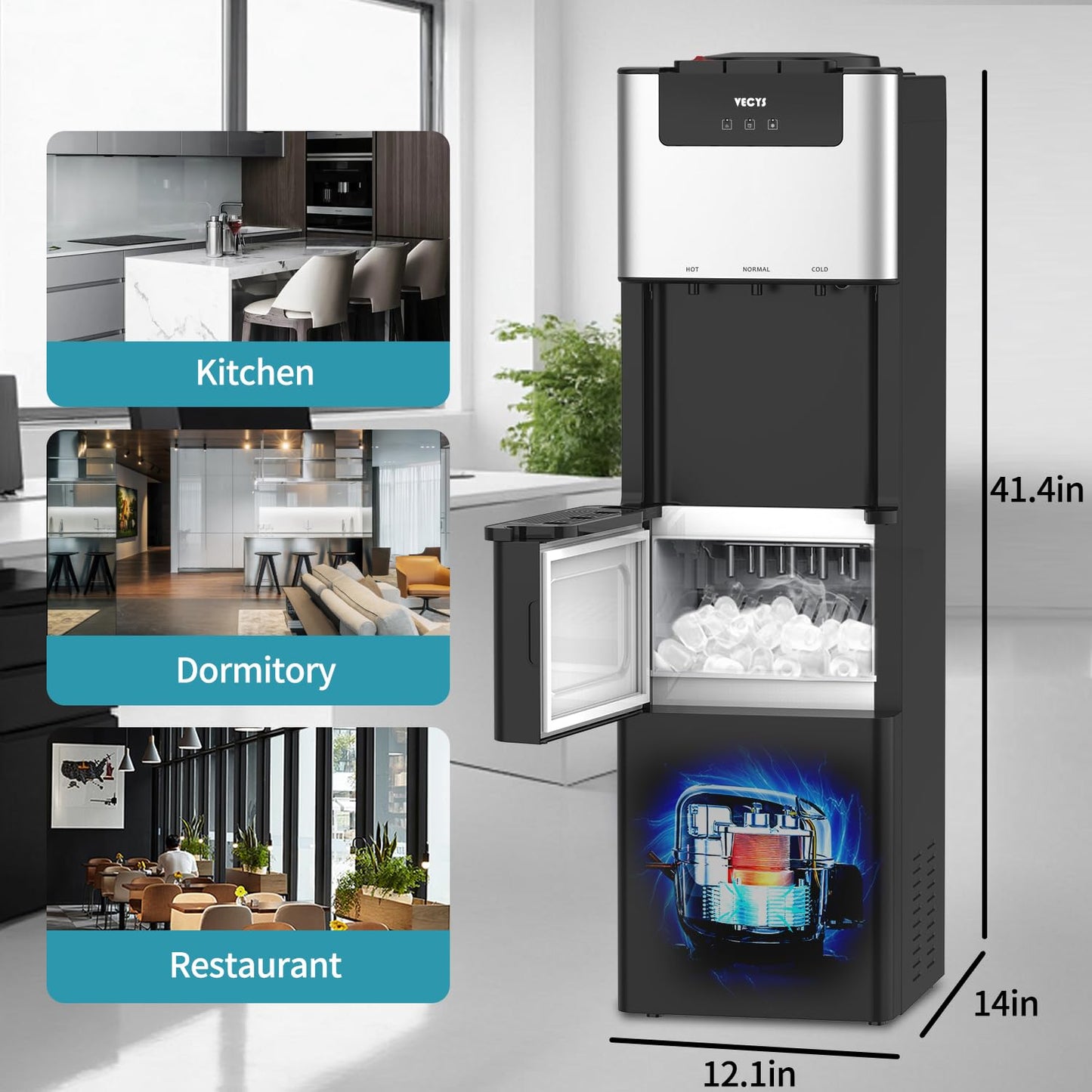 VECYS 3 in 1 Water Dispenser with Ice Maker, 27LBS Daily Ice Making and Hot Cold Water Supply, Child Safety Lock and Compatible with 3 or 5 Gallon Bottles