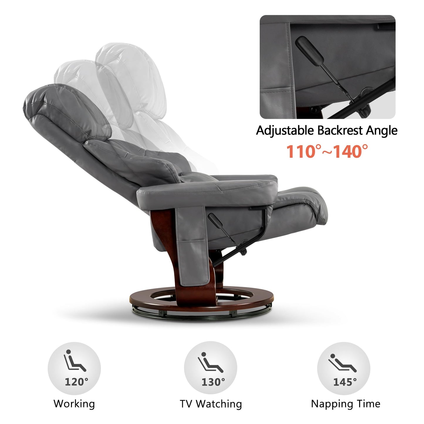 MCombo Manual Swivel Recliner with Ottoman, Reclining Chair with Vibration Massage for Small Spaces, Living Room, Office, Faux Leather 9068 (Grey)