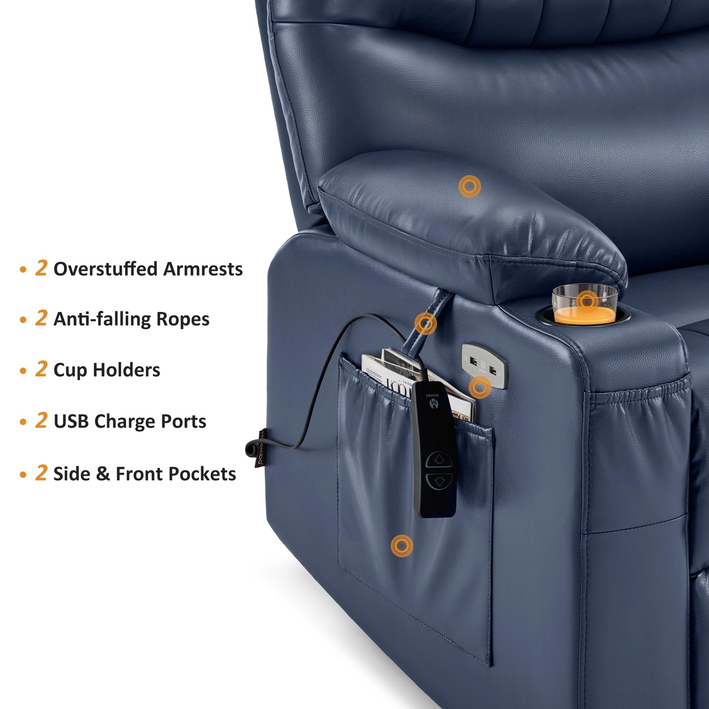 MCombo Power Swivel Glider Rocker Recliner Chair for Living Room with Vibration and Heat, USB Ports, Cup Holders and Pockets, Faux Leather 7785 (Navy Blue)