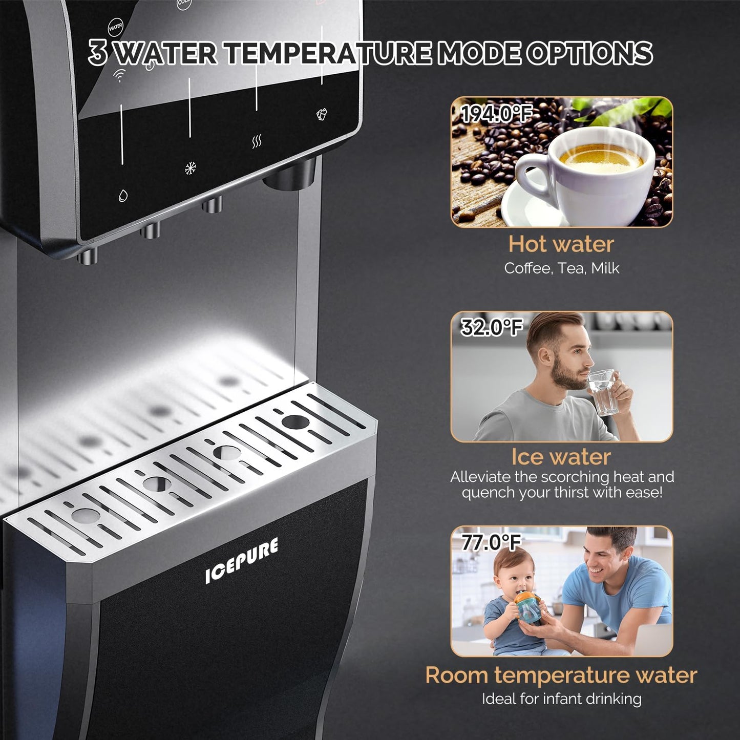 ICEPURE 5 in 1 Water Dispenser with Ice Maker for 5 Gallon Bottle, Built-in Bullet & Crushed/Chewable Ice Machine Hot Cold Water Cooler, Bottom Loading, 35lbs/24H, Child Safety Lock, Stainless Steel