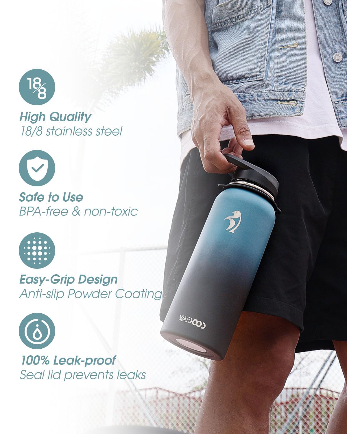 Coolflask Insulated Water Bottle with Strap, 40 oz Metal Water Flask with Straw & Spout Lids, Stainless Steel Double Wall Vacuum, Keep Cold 48h Hot 24h, Leak Proof & Non-BPA, Prussian Blue