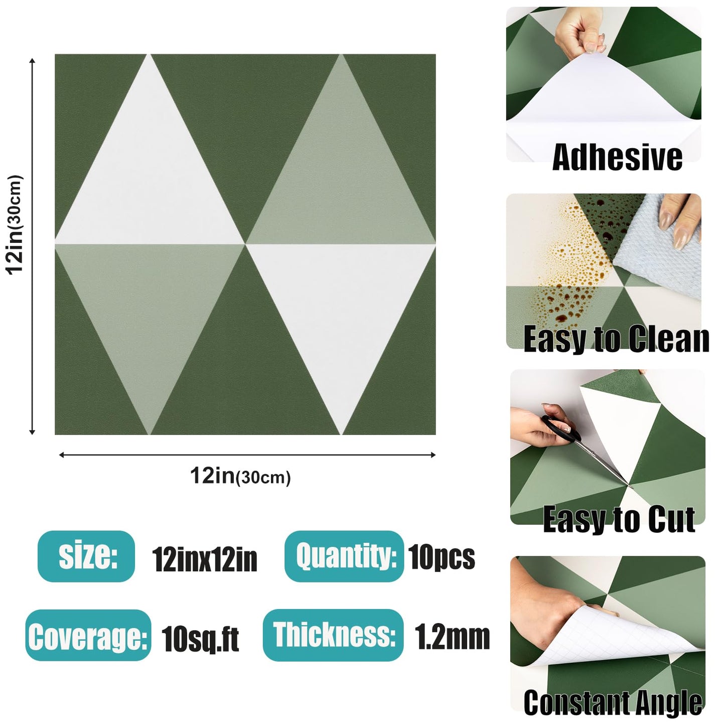 Alow Peel and Stick Floor Tile,Green Self-Adhsive Peel and Stick Flooring,Waterproof Vinyl Flooring Suit for Kitchen、Toilet (12×12in 10pcs)