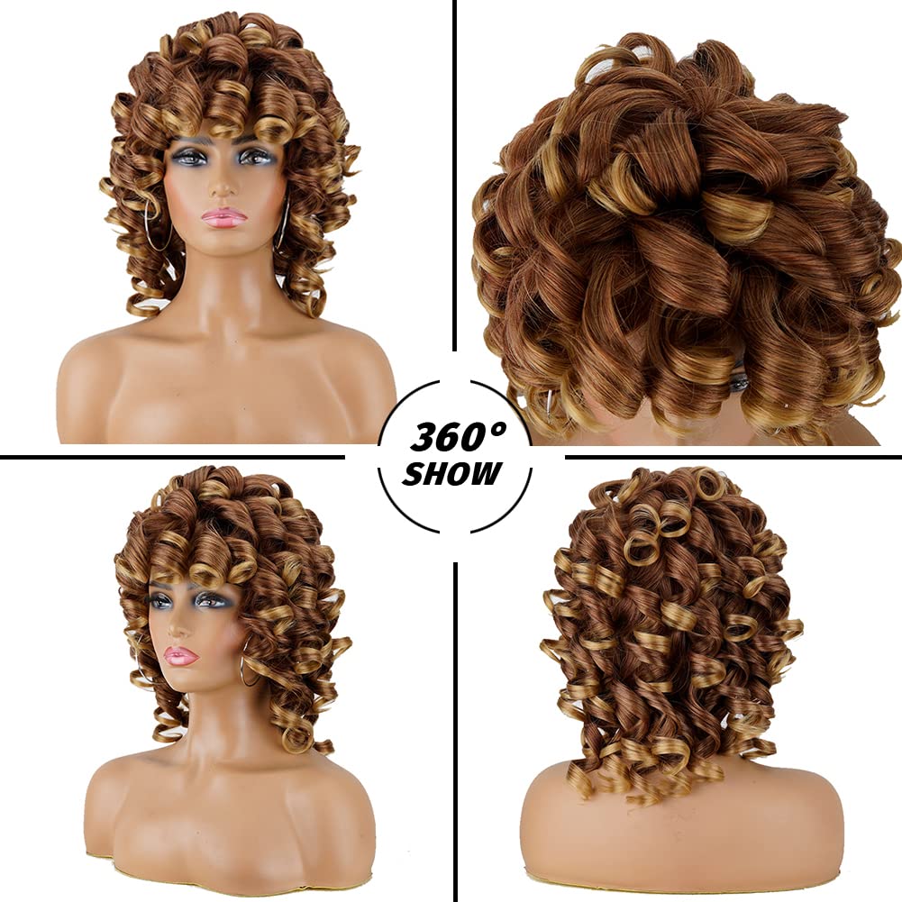 andromeda Short Curly Wigs for Black Women Soft Brown Blonde Big Curly Wig with Bangs Afro Kinky Curls Heat Resistant Daily Synthetic Wig for African American Women (T27)