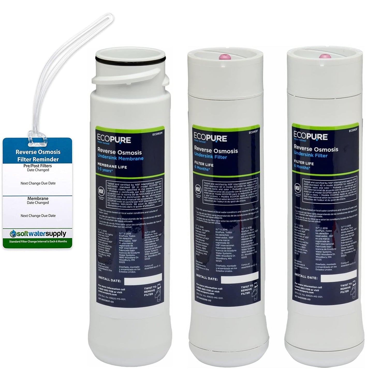EcoPure Reverse Osmosis Filter and Membrane Set - Includes Membrane ECOROM and Pre/Post Filter Set ECOROF - Includes Reminder Tag - NSF Certified Authentic OEM Parts for ECOP30 RO Unit