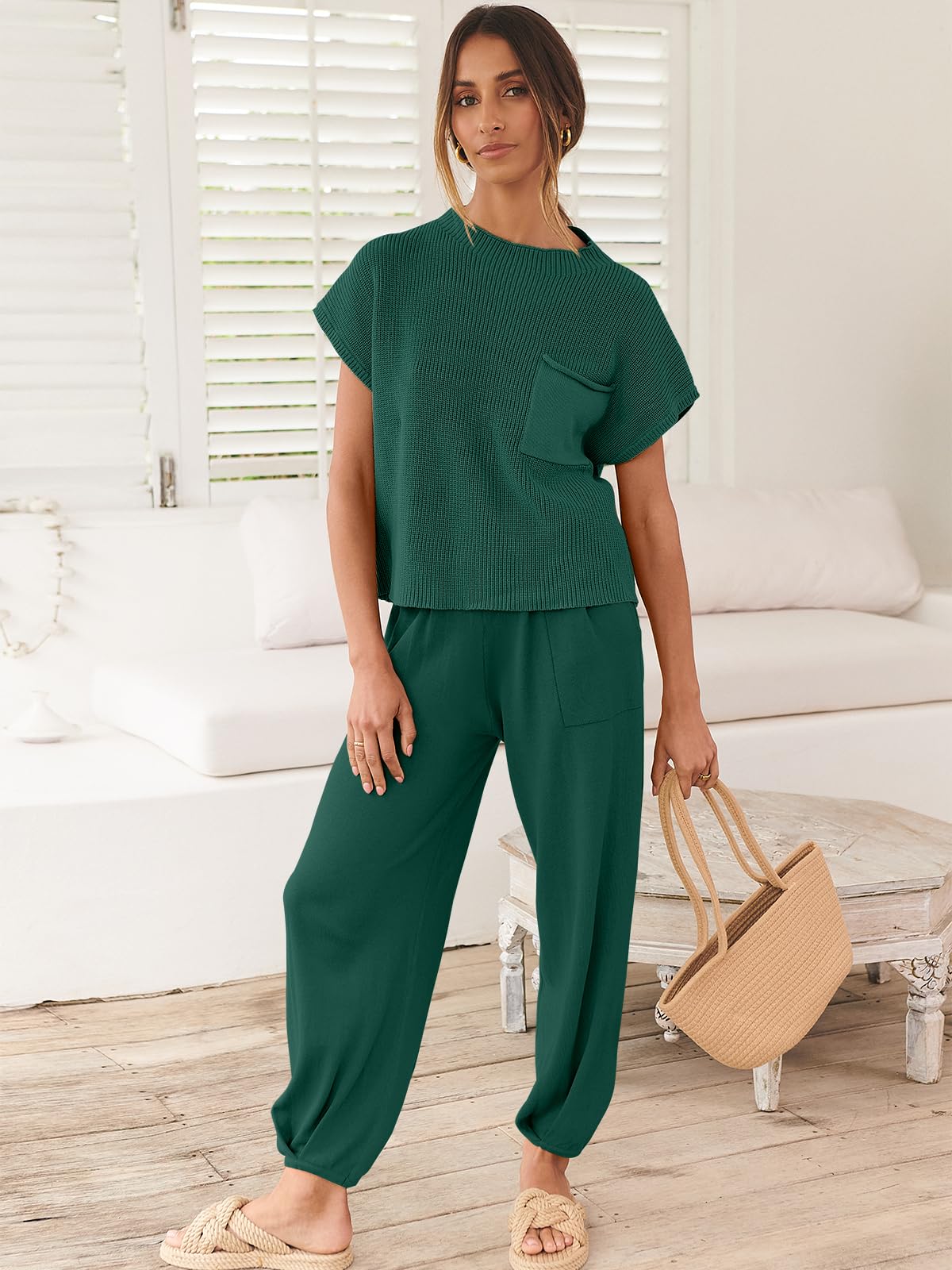 ANRABESS Women's Two Piece Outfits Knit Sweater Pullover Crop Top & Pants Lounge Matching Tracksuit Sweatsuit Sets 2024 Trendy Loungewear Clothes Dark Green X-Small
