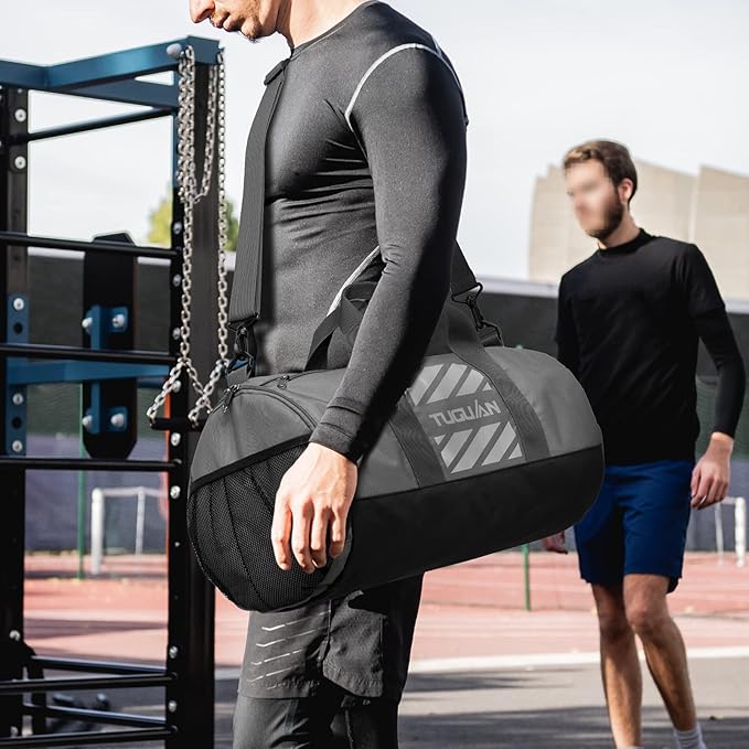 TUGUAN Basketball Gym Bags for Men Women Small Travel Duffle Bag Wet Pocket & Shoes Compartment Overnight Weekender Duffel Bag Sports Gym Tote bag Man 40L, grey