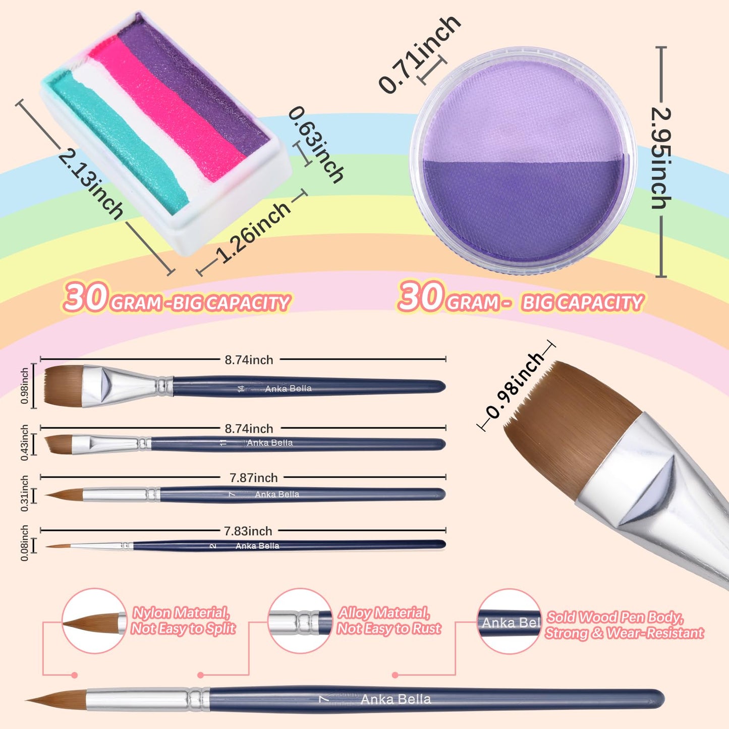 Anka Bella Professional Washable Face Paint(32gm),Water Based Face Painting Kit,Hypoallergenic & Non-Toxic,Gift for Birthday Parties/Halloween/Carnival(Sky Rainbow set)