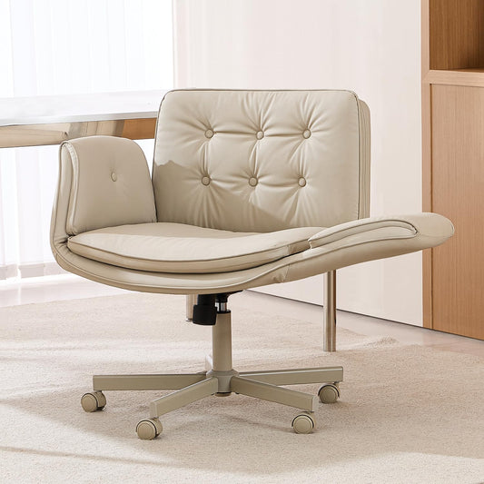 amseatec Criss Cross Chair with Armrests & Wheels, PU Leather Vanity Chair, Comfortable Adjustable Swivel Computer Office Desk Chairs for Home, Make Up, Bed Room (Cream White)