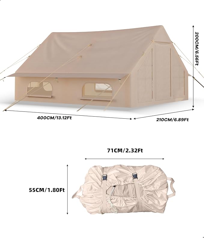 Inflatable Camping Tent with Pump, Luxury Camping Tent, Easy to Set Up, 4-Season Waterproof and Windproof Outdoor Gazebos, Luxury Cabin Tent with Two Doors and Six Windows.