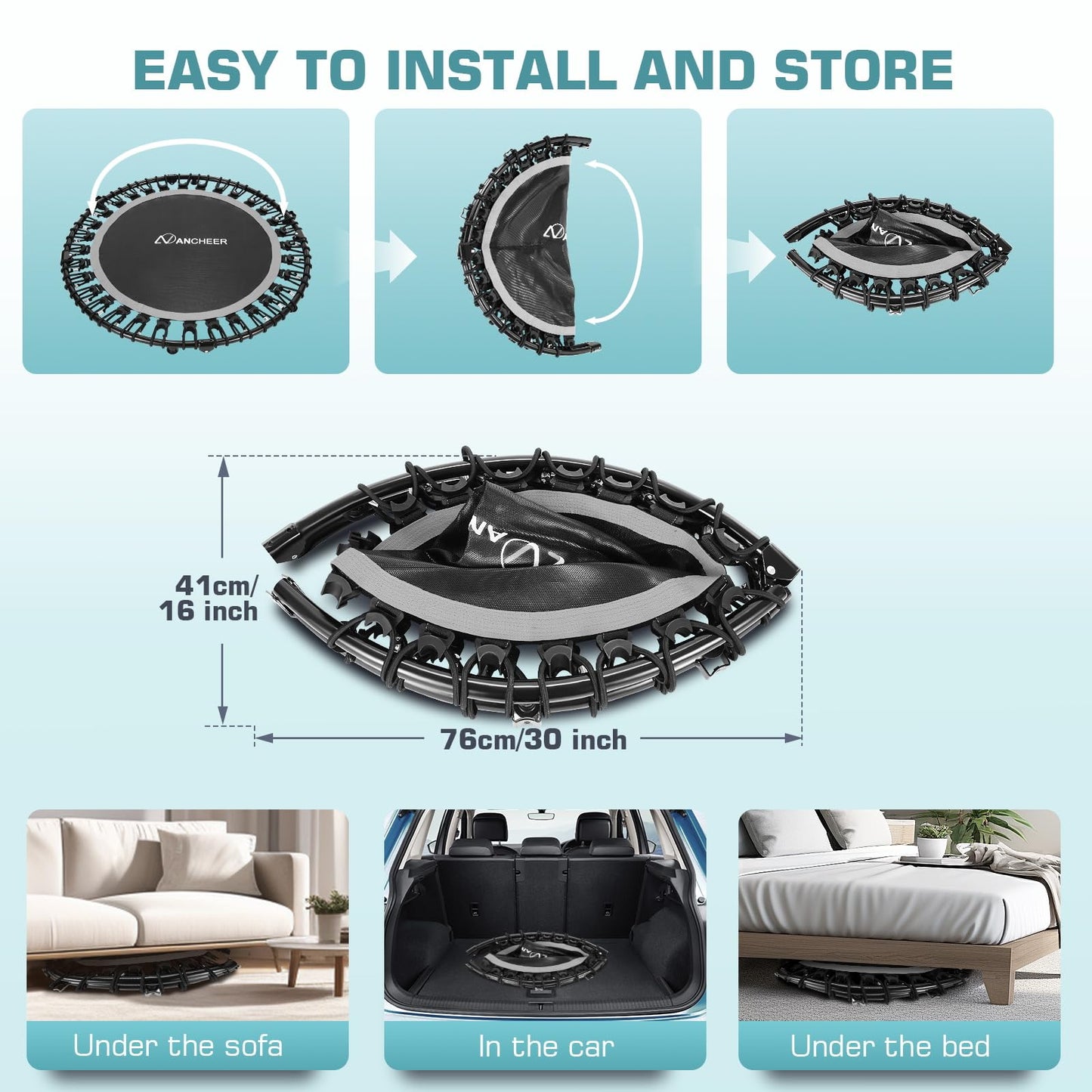 ANCHEER 40" Foldable Mini Trampoline - Max Load 350lbs - 450lbs Indoor Trampoline - with 4 Level Adjustable Foam Handle and Resistance Bands - Adult exercise trampoline for Home,Gym and Garden(Silver)