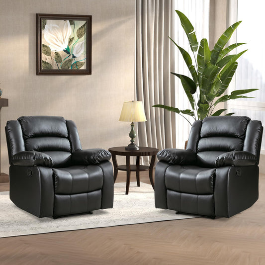 ANJ Black Recliner Chair Set of 2, with Overstuffed Arm and Back, Breathable Faux Leather Manual Reclining Chairs, Living Room Single Sofa Recliners