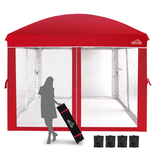 AIGOCANO Canopy Tent with Netting Screen,10x10 Easy Pop Up Gazebo for Outdoor Parties,Camping,Foldable Patio Gazebo with Roller Bag and 4 Sandbags (Red)