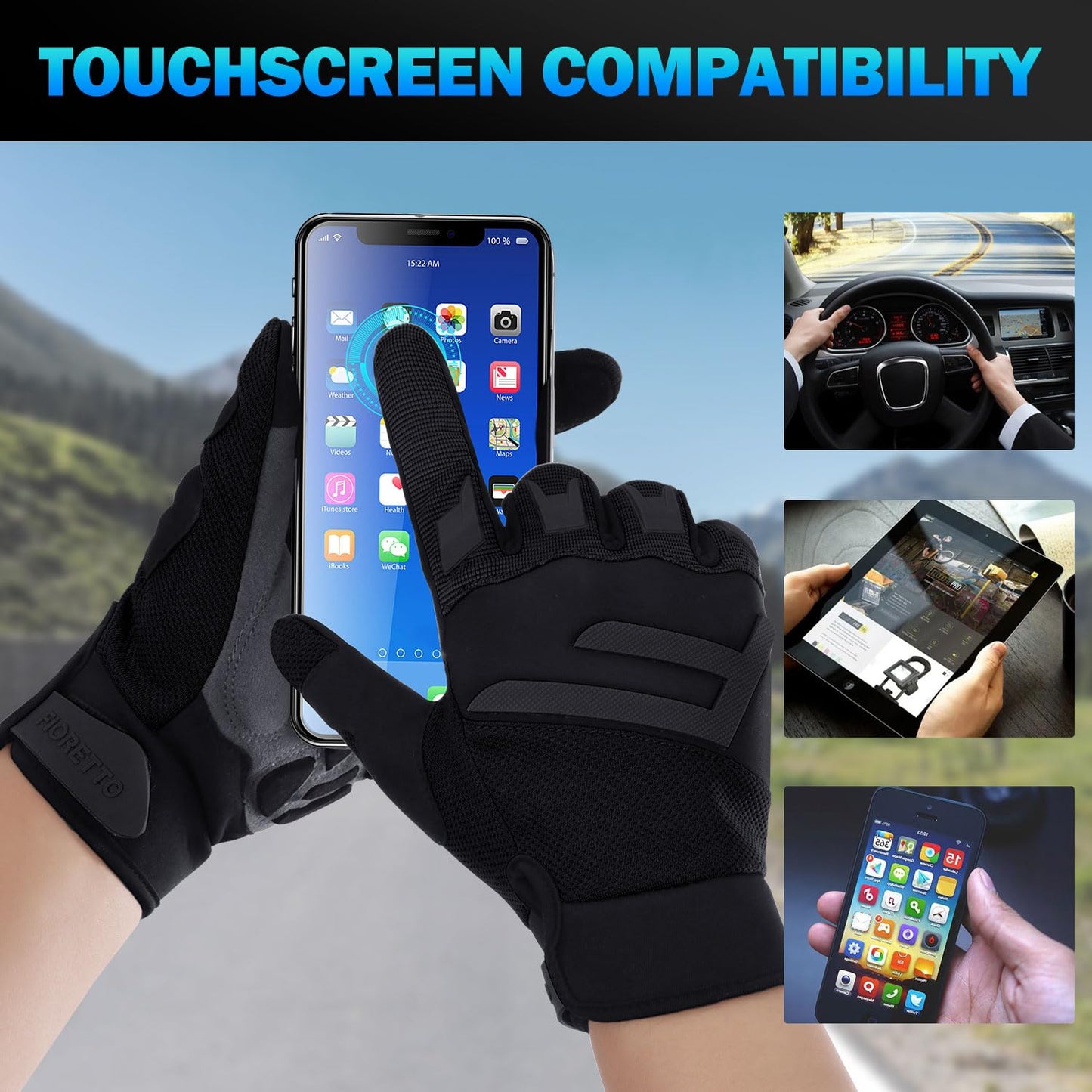 FIORETTO Mens Mountain Bike Gloves with 5MM Padded Knuckle Guard Touchscreen Cycling Gloves for MTB Racing Dirtbike Motocross Motorcycle Black Medium