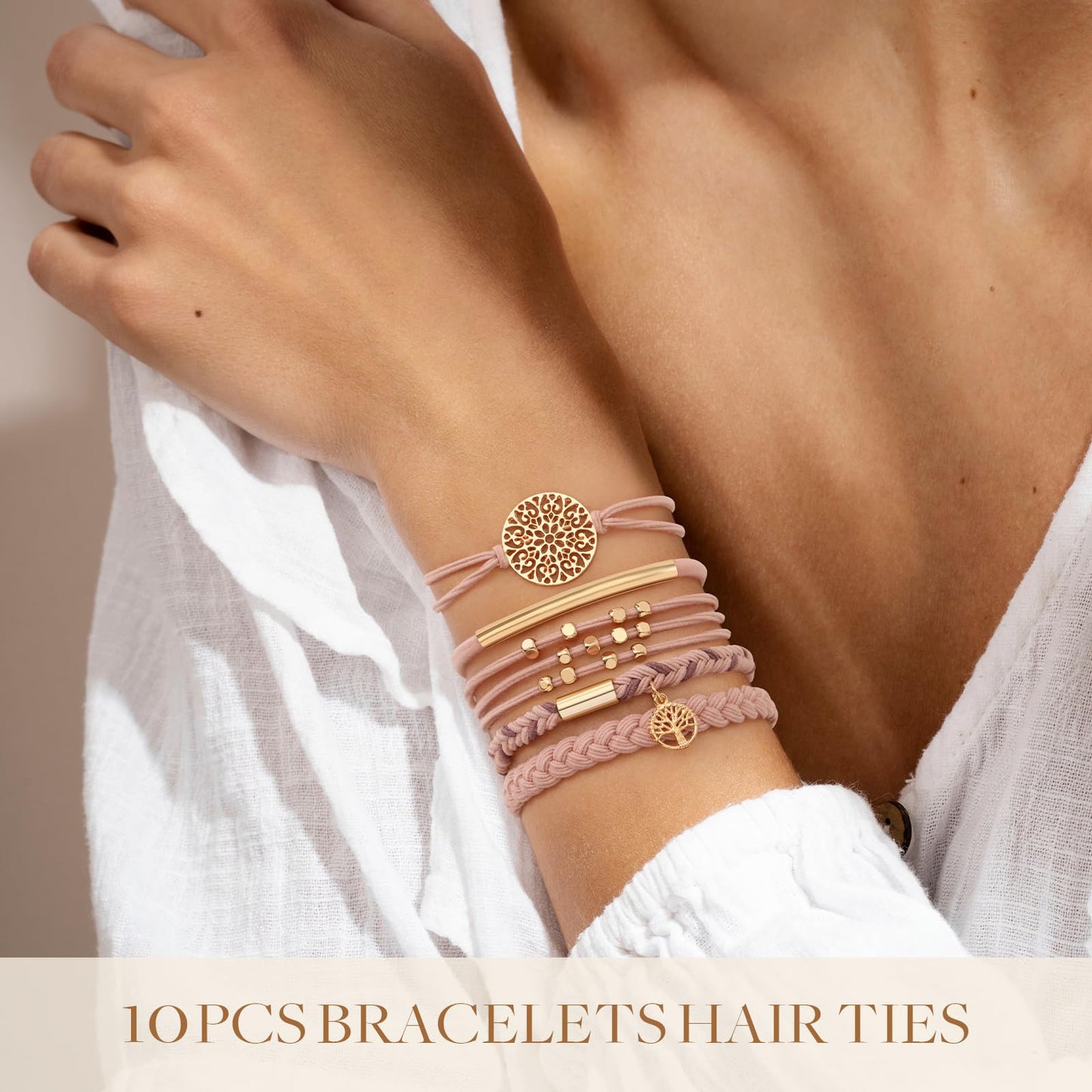 10 PCS Hair Ties Bracelets, Boho Hair Ties for Thick & Thin Hair, Cute Stretch Bracelets, Braided Hair Ties for Ponytail Holders, 5 Styles Hair Ties No-Damage, Pink