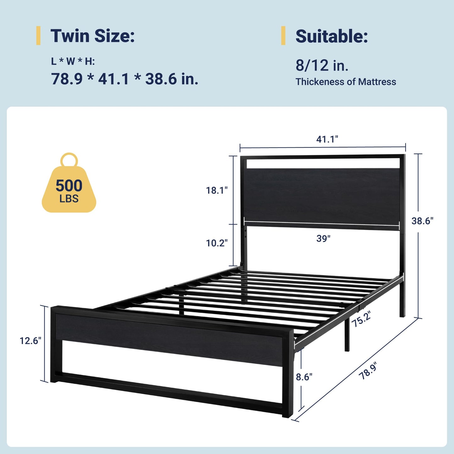 Allewie Sturdy Metal and Wooden Bed Frame with Headboard and Footboard,8.6" Underneath Space, No Box Spring Needed, Modern Design,Black,Twin