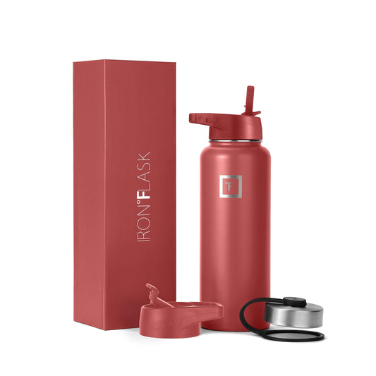 IRON °FLASK Sports Water Bottle - 40 Oz 3 Lids (Straw Lid), Leak Proof - Stainless Steel Gym & Sport Bottles for Men, Women & Kids - Double Walled, Insulated Thermos, Metal Canteen, Rusty Red