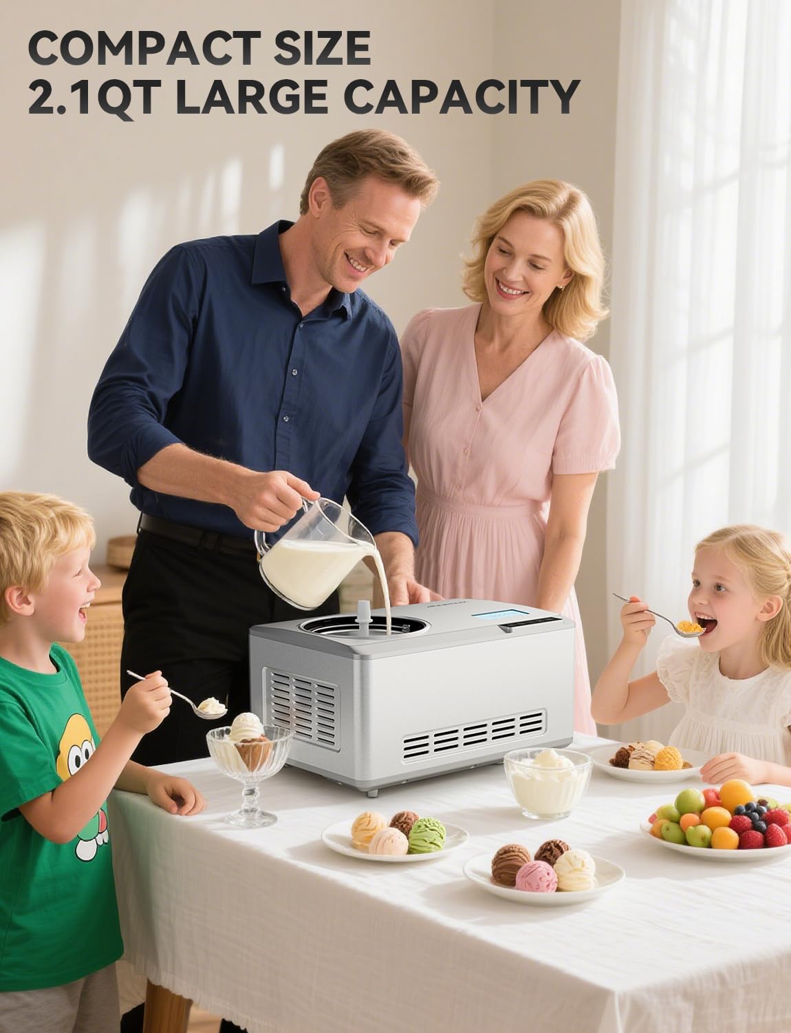 COUPLUX Ice Cream Maker, Smallest Size & Fast Freezing 2.1QT Ice Cream Machine with Built-in Compressor Easy Operate & Clean Automatic Ice Cream Maker Machine with All Stainless Steel, LCD Display