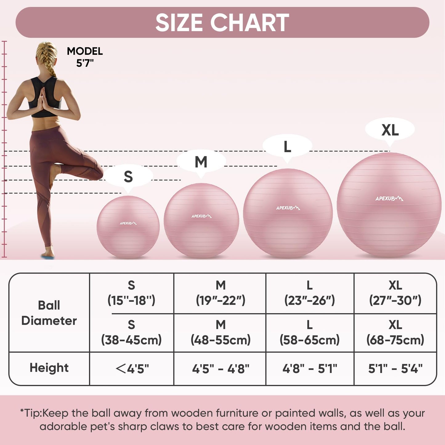 APEXUP Yoga Ball Exercise Ball, Anti Slip Stability Ball Chair, Heavy Duty Large Gym Ball for Fitness, Balance, Core Workout and Physical Therapy (S (15"~18") 45cm, Pink)