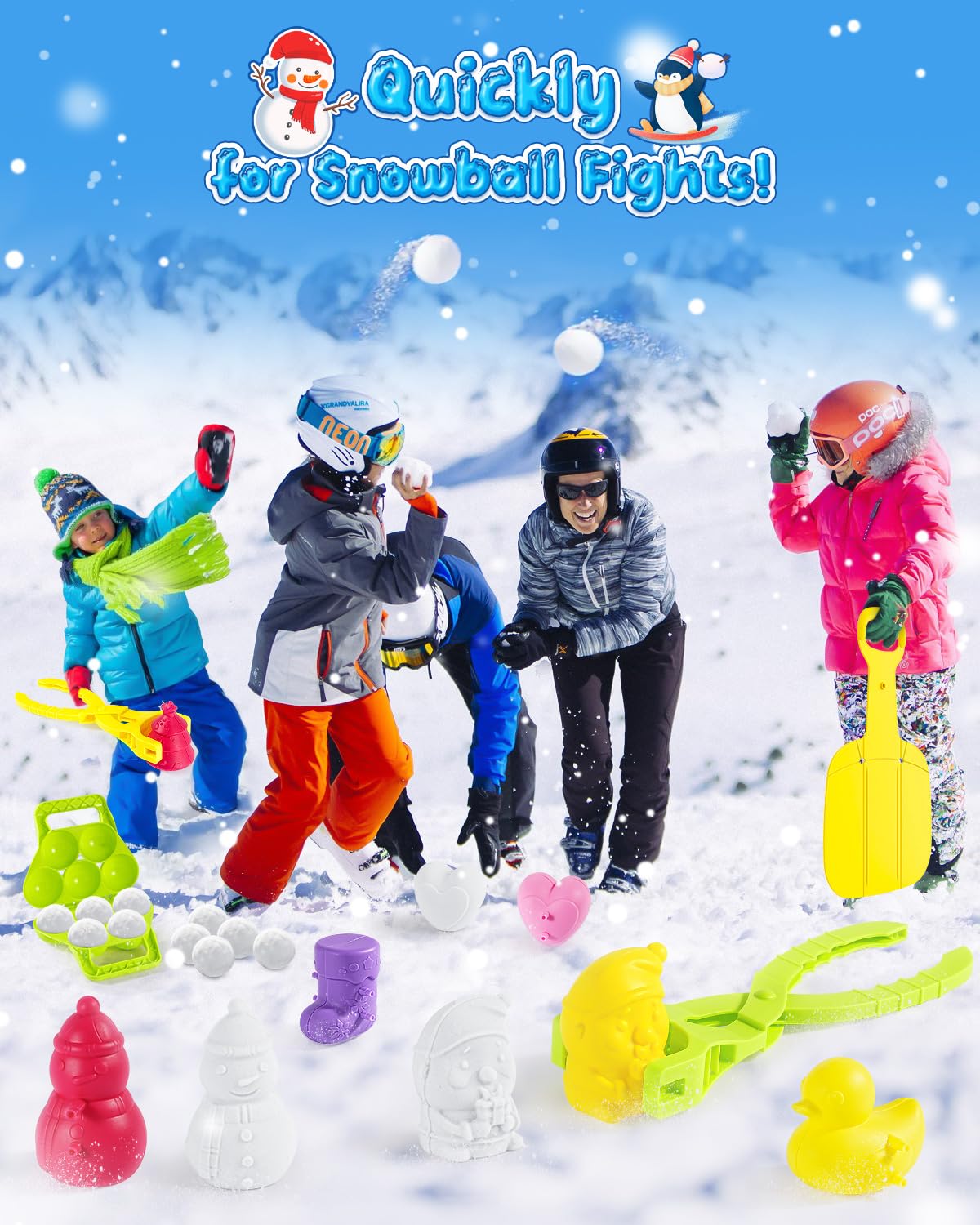 10 Pack Snowball Maker Toy, Snow Sled & Duck Snow Ball Makers Toys for Kids Ages 4-8, Winter Snow Outdoor Removable Snow Clip Toys Tool Kit for Birthday Christmas Stocking Stuffers Gifts