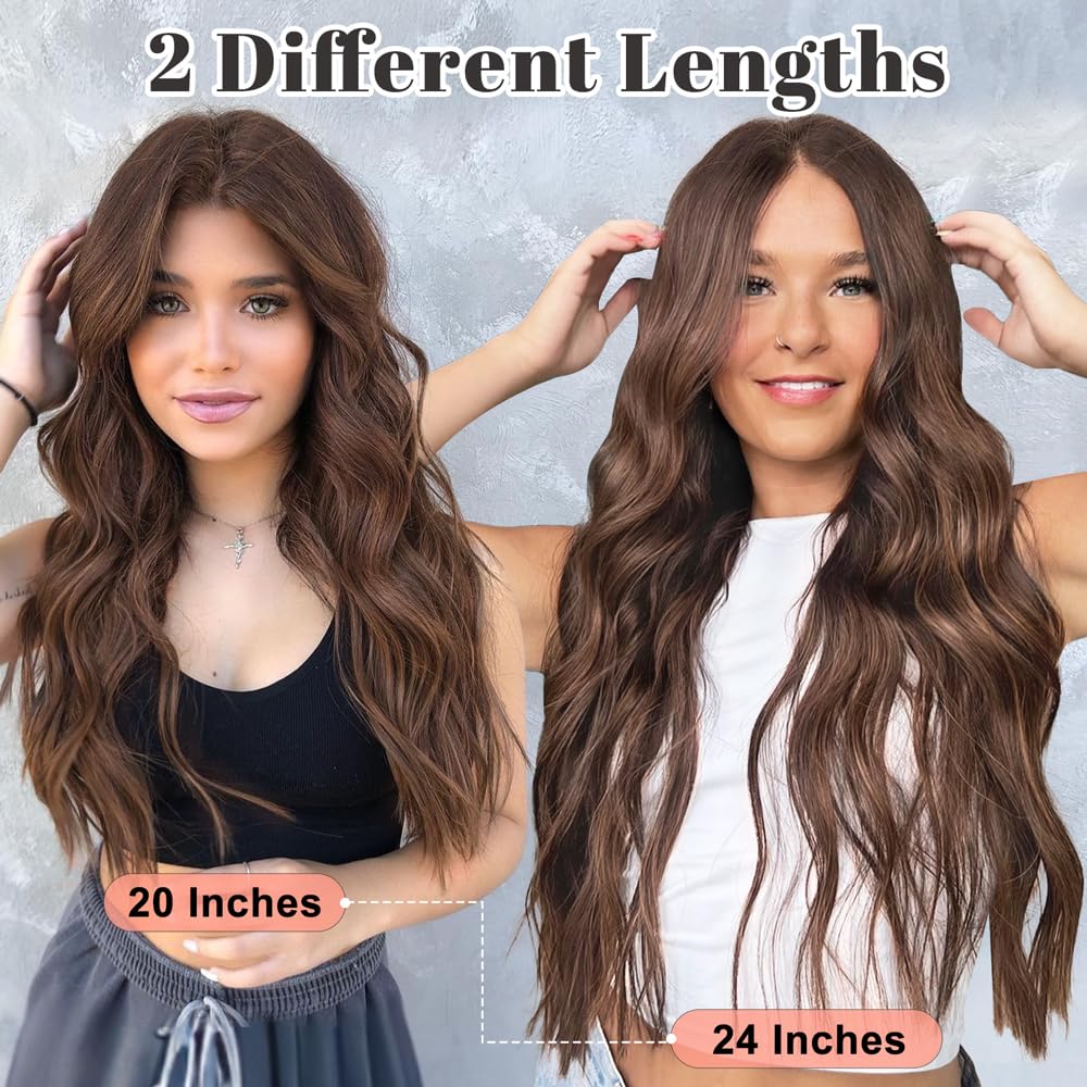 ALXNAN Clip in Hair Extensions for Women,Light Brown Long Wavy Hair Extensions Clip Ins 4PCS 20 Inch Synthetic Soft and Natural Thick Hair Pieces for Women