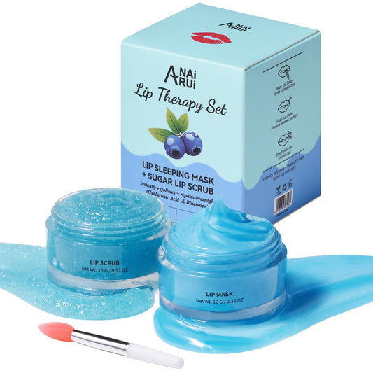 ANAI RUI Lip Therapy Set, Lip Scrub & Lip Mask, Overnight Moisturizing Lip Care Kit, Suagr Lip Exfoliator and Lip Sleeping Mask for A Soft Lips, Lip Gift Set for Dry, Chapped, Dark Lips, Blueberry