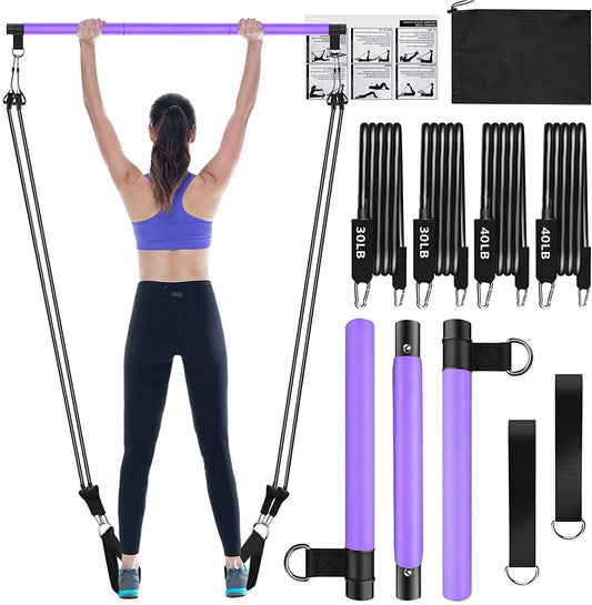 Pilates Bar Kit with Resistance Bands(4 x Bands),3-Section Pilates Bar with Stackable Bands Workout Equipment for Legs,Hip,Waist and Arm,Adjustable Pilates Flexbands Kit Home Gym Yoga Pilates Purple