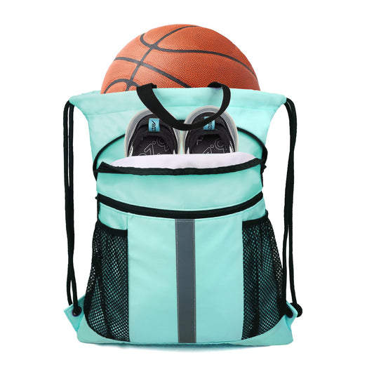 BeeGreen Mint Green Drawstring Backpack Bag with Shoe Compartment X-Large Gym Sports String Cinch Sackpack with Front Inside Zipper Pockets