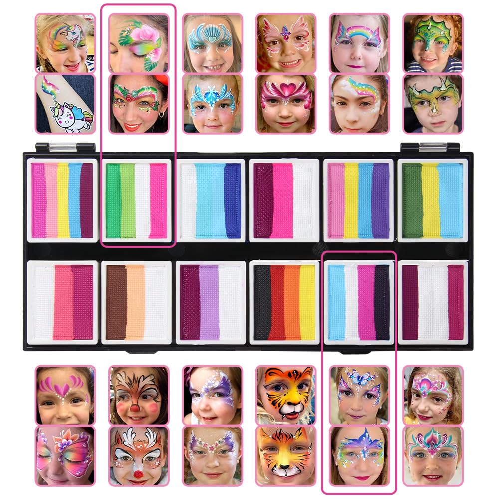 Anka Bella Face Painting Kit Professional12x10gm Water Based Non Toxic Face Paint with Stencils &14 Professional Brushes,for Birthday Halloween Makeup Party ,Rainbow Body Paint Festivals kisd&Adults