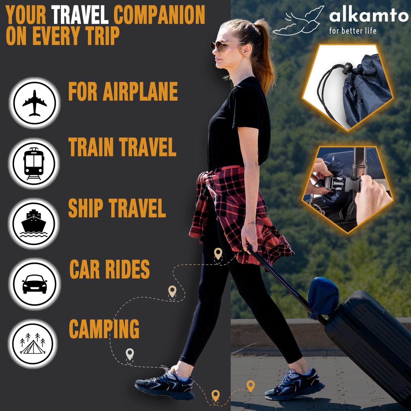 alkamto Memory Foam Pillow for Travel and Camping with Extra Cotton Cover – Easy to Carry Portable Bag (White)