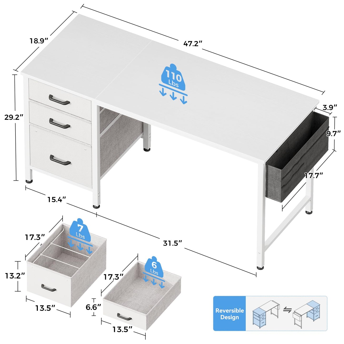 Casaottima 40" Small Computer Home Office Desk for Bedroom with Fabric Drawers & File Cabinet, Cloth Storage Bag and Hook, Writing Study Work Table for Small Space, White