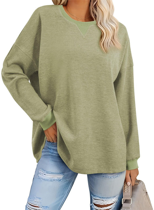 AlvaQ Sweatshirts for Women 2024 Casual Waffle Knit Tops Shirts Long Sleeve Drop Shoulder Oversized Sweatshirts Fall Fashion Outfits Green Large
