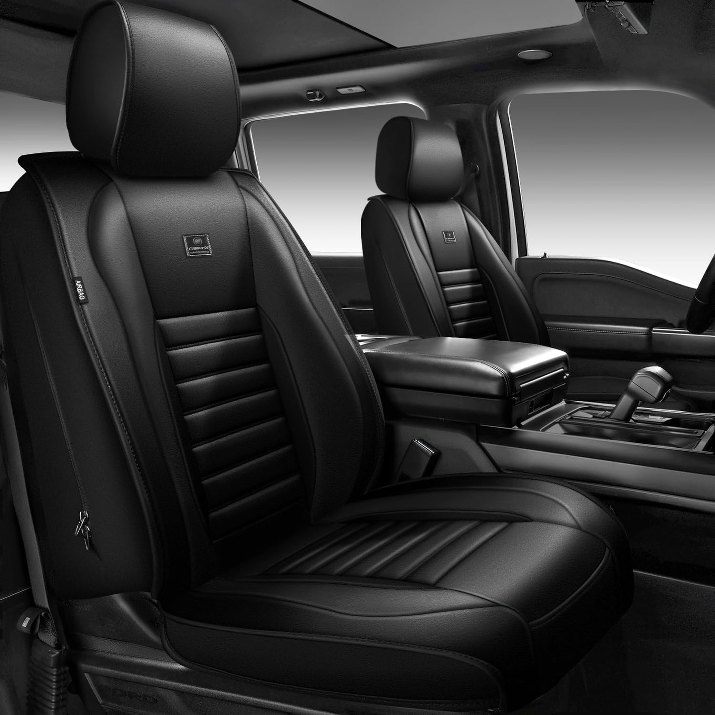 CAR PASS Nappa Leather Car Seat Covers Full Set, Luxury Seat Protector for Cars, Waterproof Anti-Slip Car Seat Cushion Armrest Compatible Airbag Universal for Sedan SUV Pick-up Truck Automotive, Black