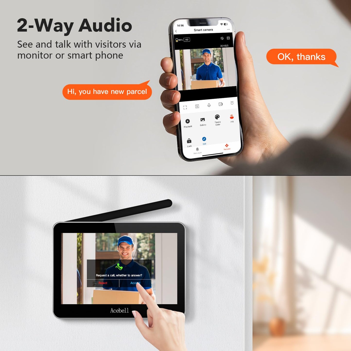 ACEBELL Wireless WiFi Video Doorbell Intercom System, 1080P Video Doorbell Camera with Monitor Wireless, Video Door Phone with 7''Touch Screen, Motion Detection, No Monthly Fees, APP Remote Control