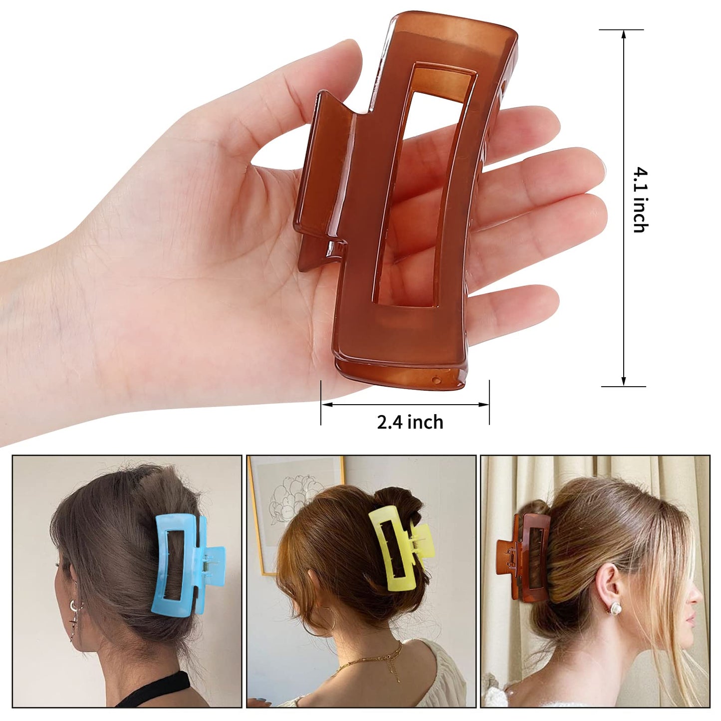 Sisiaipu 4 Inch Big Hair Claw Clips - 6 Pcs Large Square Clips for Thick Hair, Women's Rectangle Nonslip Acrylic Banana Jaw Hair Accessories for Girls - Shiny