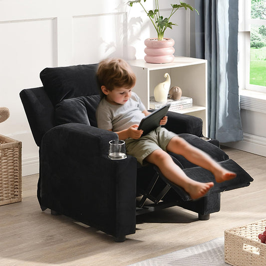 Anwick 2-in-1 Kids Recliner Chair with Cup Holder, Velvet Upholstered Single Sofa with Adjustable Footrest & Backrest, Toddler Recliners for Boys and Girls (Black)