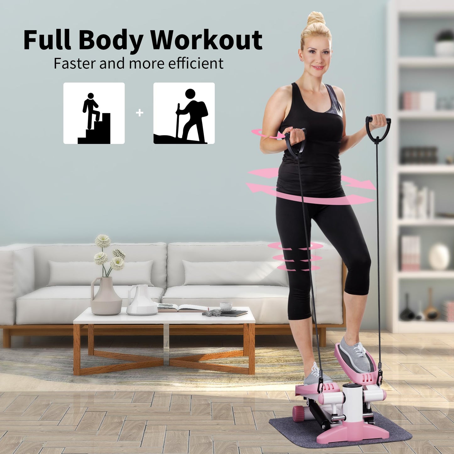 ZENOVA Steppers for Exercise at Home Portable Mini Stepper Stair Stepper with Resistance Band and Mat Fitness Stepper for Full Body Cardio Exercise 330lbs Weight Capacity Pink