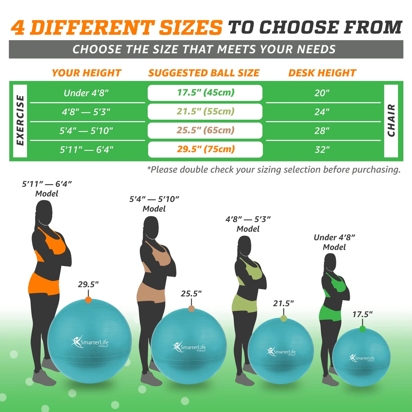 SmarterLife Workout Exercise Ball for Fitness, Yoga, Balance, Stability, or Birthing, Great as Yoga Ball Chair for Office or Exercise Gym Equipment for Home, No-Slip Design (45cm, Turquoise)