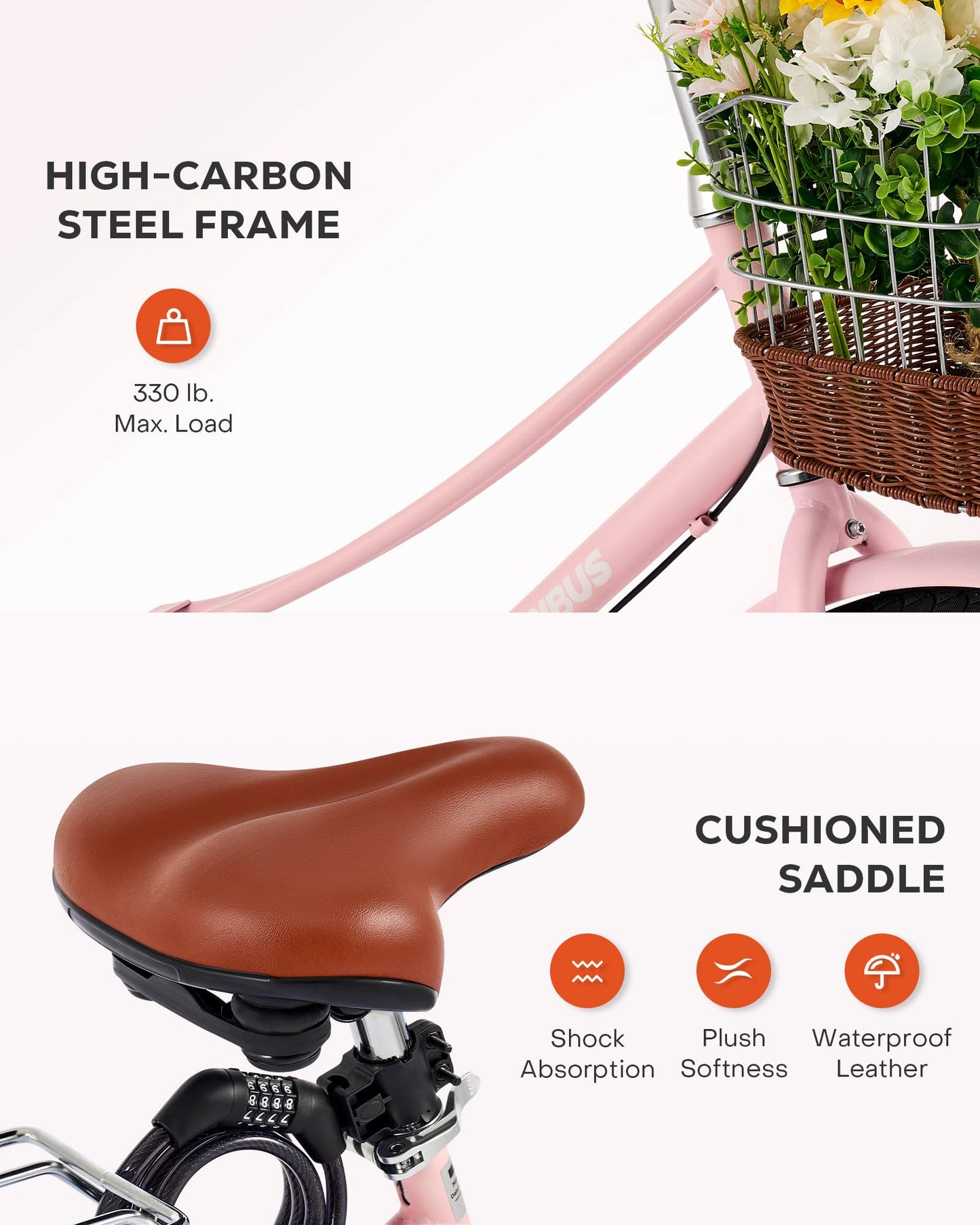 Viribus Beach Cruiser Bike for Women, Step Through Bike with Ratten Basket, Rack & Lock, 24 inch 1 Speed, City Commuter Cruiser Bike, Adult Bicycle for Short Ladies Female Seniors 330 lb. Pink