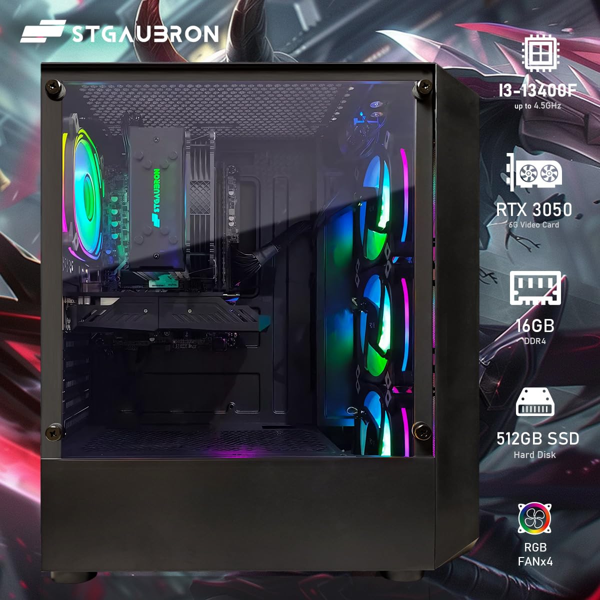STGAubron Gaming PC Computer Desktop, 13th Gen Intel Core i5-13400F up to 4.6G, GeForce RTX 3050 6G, 16G DDR4, 512G SSD, RGB Fan x4, WiFi 6 & BT 5.2, Windows 11 Home