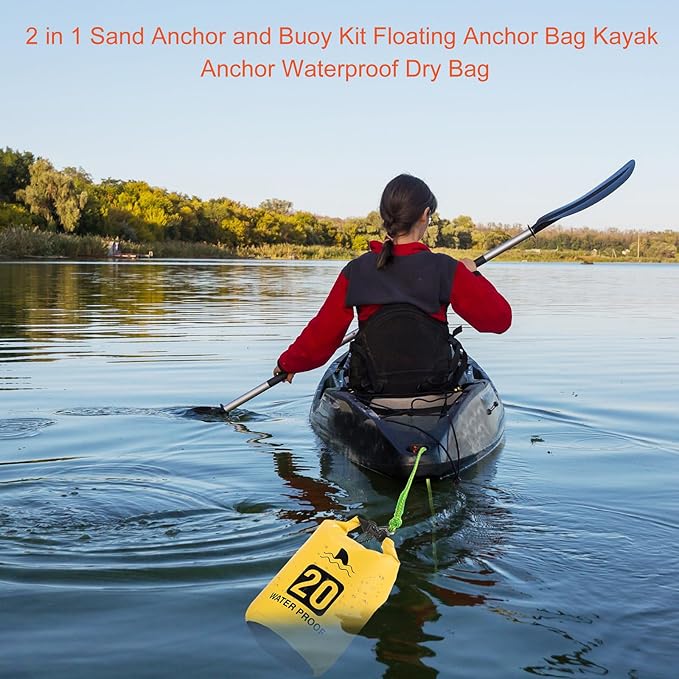 2 Set 20L Sand Anchor Heavy Duty Buoy Kit 2 in 1 Kayak Anchor Floating Waterproof Dry Bag with High Visibility Float Rope for Lake Beach Boat Hiking Camping Water Sports Surfing Kayaking(Yellow)