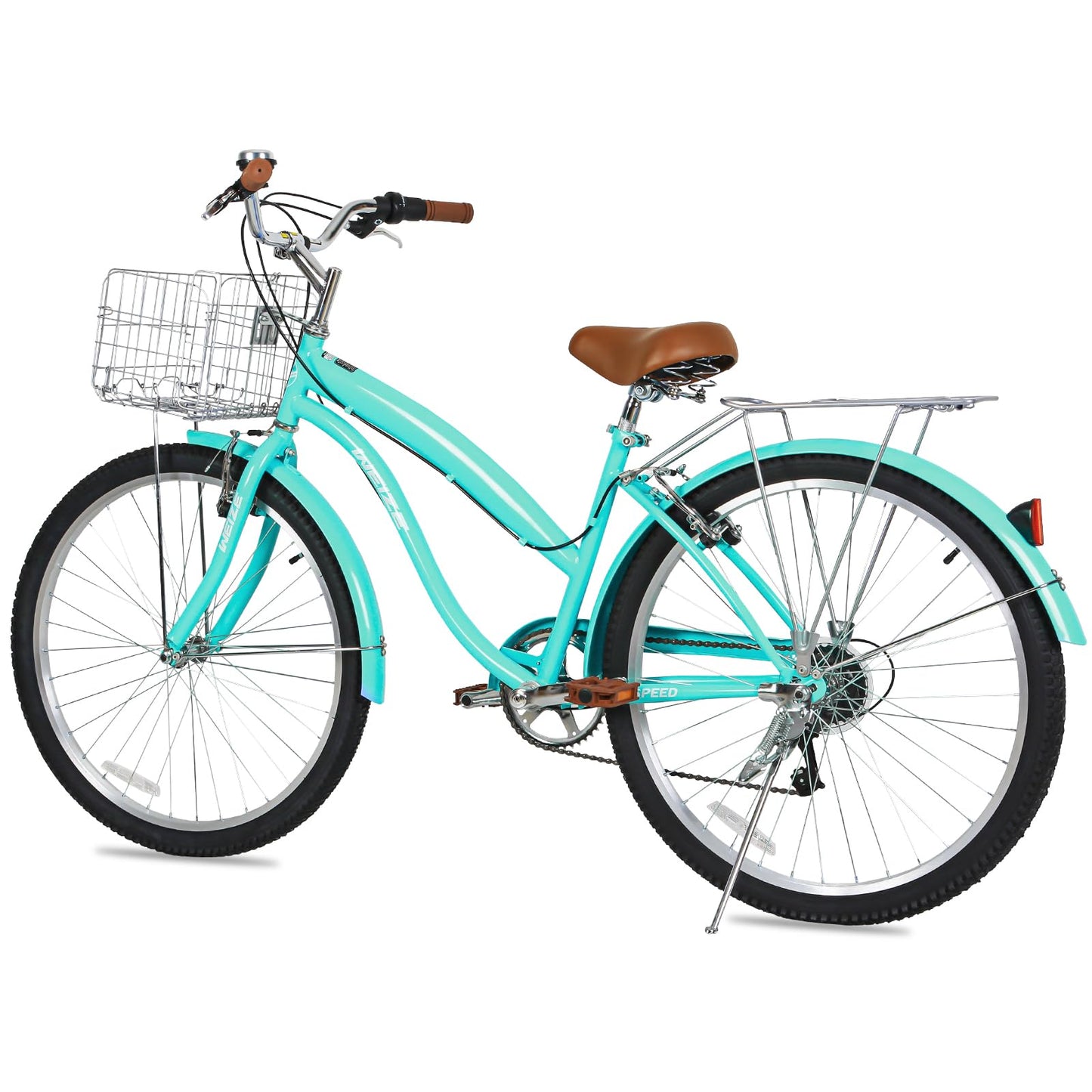 WEIZE Beach Cruiser Bike, 26 inch Commuter Bicycle for Adult Men and Women, 7-Speed/High-Carbon Steel/Front & Rear Fenders, Comfortable City Bikes with Rear Rack&Basket, Ergonomic Upright Design,Teal