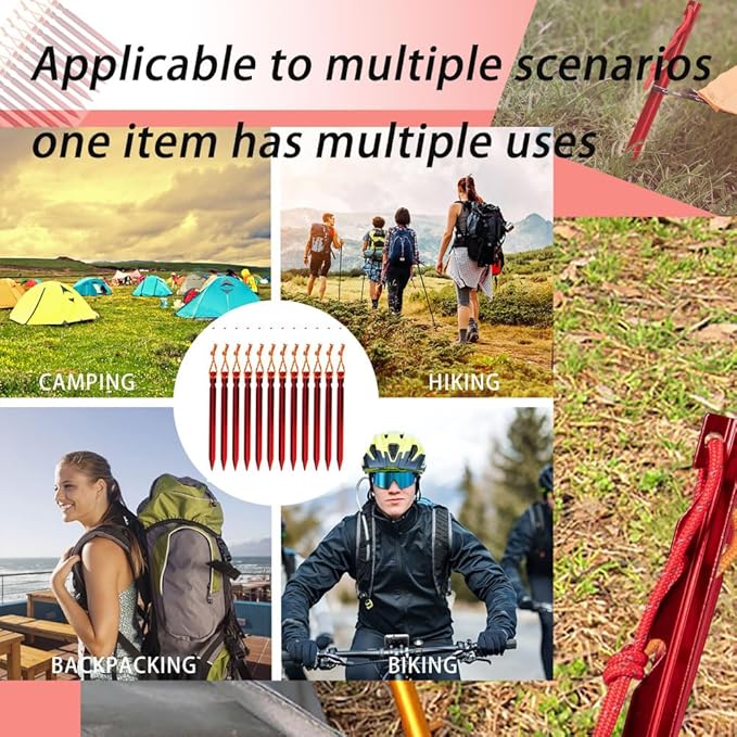 Tent Stakes,Camping Stakes,7-in Ground Pegs with Reflective Pull Ropes, Tri-Beam Stakes in a Carrying Bag, for Camping, Backpacking, Hammocks and Canopy,Aluminum Tent stakes12 Pack
