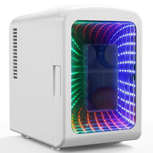 Antarctic Star Mini Compact Refrigerator with Gaming Light, 4L Capacity/6 Cans Portable Mini Fridge, for Bedroom,Car,Office and Dorm, Small Cooler for Cosmetics, Beverage and Food, White