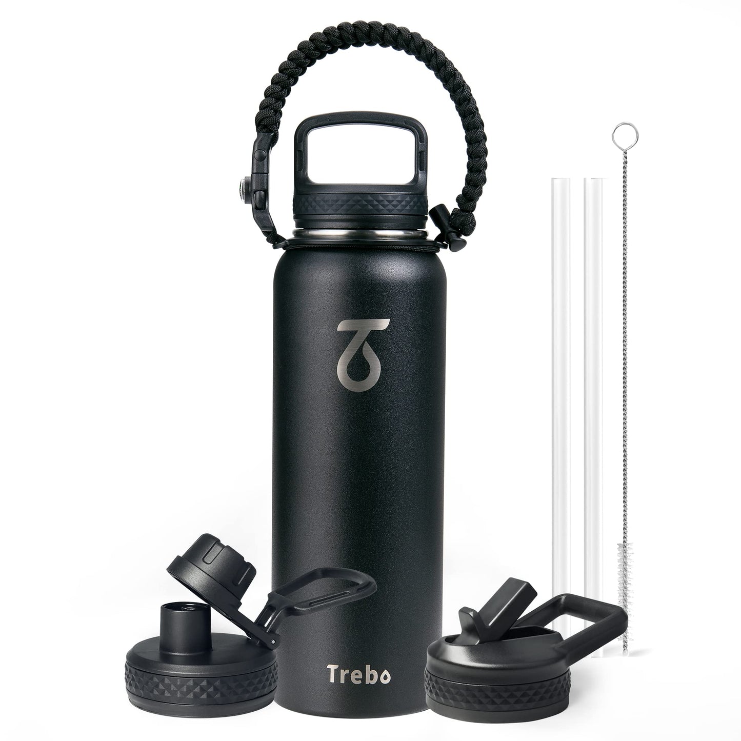 Trebo 40oz Water Bottle Insulated with Lid and Straw,Double Wall Vacuum Stainless Steel Metal Tumbler Sports Flask with Paracord Handle, Keep Hot 24 Hours & Cold 48 Hours Water Jug with 3 Lids, Black