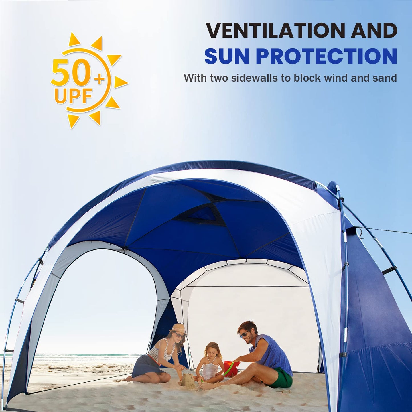 UNICAMPER Large Beach Canopy Tent UPF 50+ 12x12 ft Waterproof & Rainproof Dome Sun Shelter for 8-10 Person with 2 Side Walls, Perfect for Camping, Backyard, Fishing, Parties, Picnics