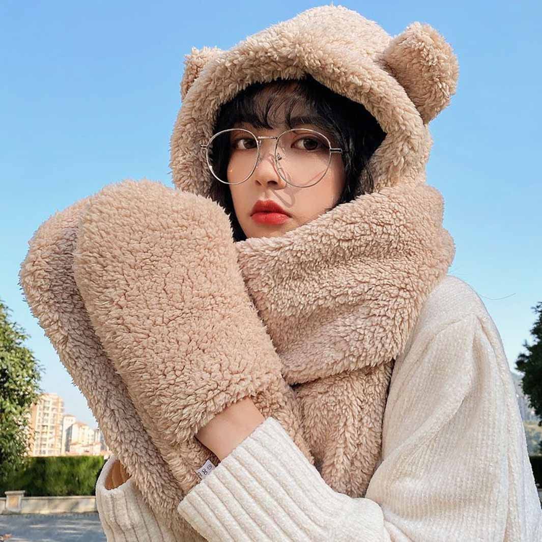 AIYUENCICI Winter Hoodie Hat Scarf Gloves Set, 3 in 1 Warm Plush Coral Fleece Animal Hats, Cute Ear Beanie Caps Stylish Thick Slouchy Soft Snow Hat for Women Girl Skiing Christmas Gift(Beige)