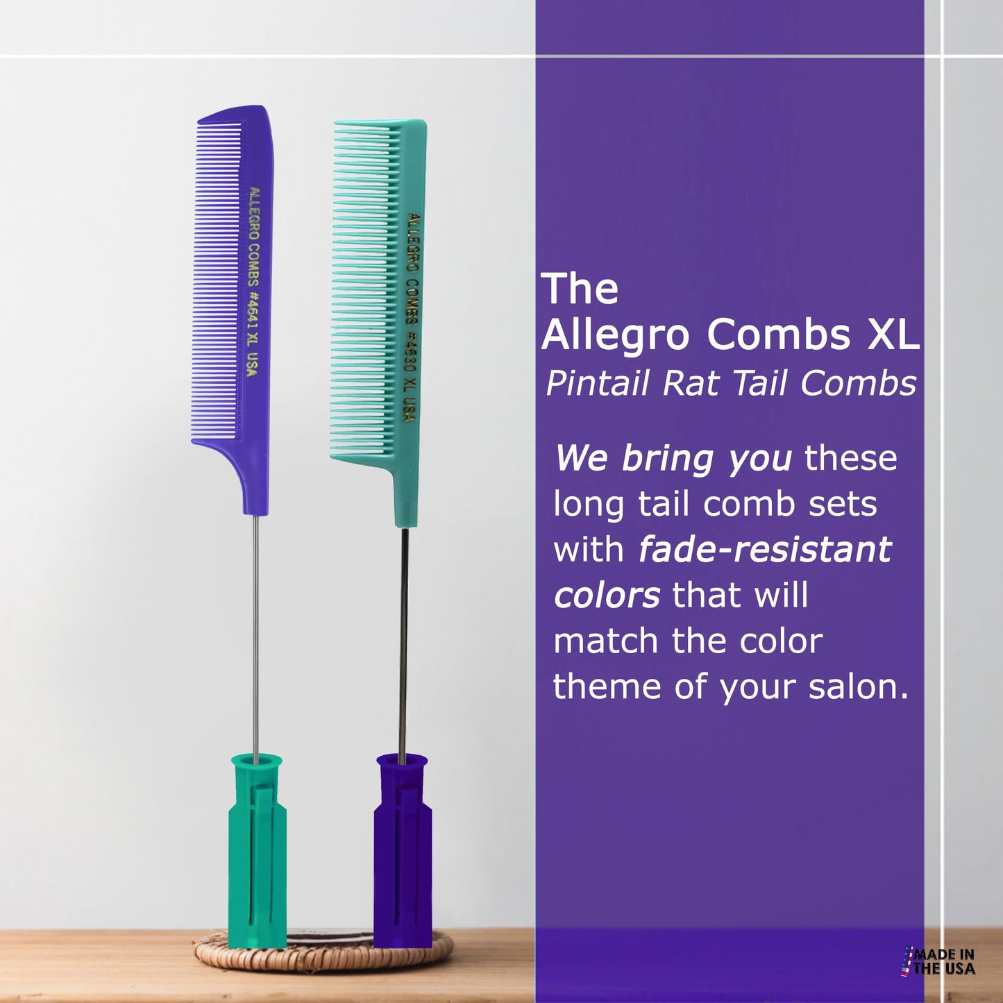 Allegro XL Pintail Rat Tail & Parting Combs - Metal Tail Foiling & Pin Combs (2 Pc., Purple & Mint)